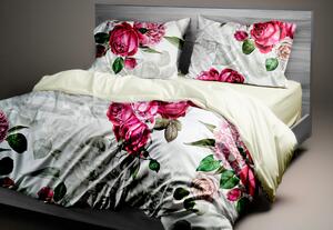 Ervi DELUXE Collection Saténové DUO obliečky - Ružové ruže a pivonky/béžové