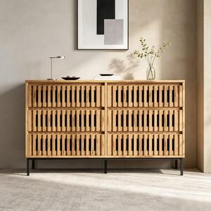 Komoda s 6 zásuvkami, rozmer 120x40x81 cm, vyrobená z MDF a drevotriesky v drevenom dekore, vhodná do obývačky, spálne a predsiene, s dizajnom imitujúcim mriežku