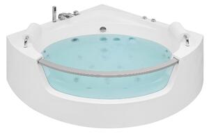 Rohová vírivá vaňa biela akrylát 201 x 150 cm s hydromasážnou funkciou s LED osvetlením moderný štýl kúpeľňa