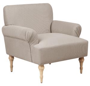 Kreslo sivobéžové polyester látkové čalúnenie vodoodpudivá tkanina nohy z kaučukového dreva retro minimalistický štýl obývačka