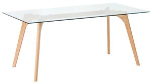 Jedálenský stôl priehľadný svetlé drevo sklenená vrchná doska drevené nohy 180 x 90 cm obdĺžnikový tvar škandinávsky štýl jedáleň kuchyňa