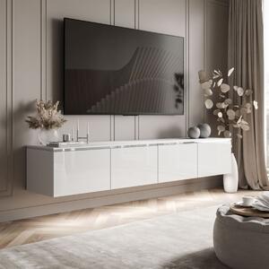 ZÁVESNÝ TV STOLÍK NESSIE ART BIELY LESK + STRIEBORNÁ LIŠTA 200 cm LED