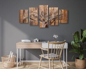 5-dielny obraz strom s imitáciou dreveného podkladu - 100x50