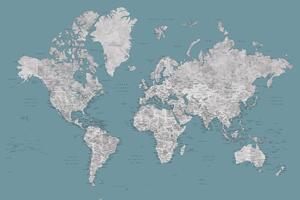 Mapa Teal and grey detailed watercolor world map with cities, Urian, Blursbyai