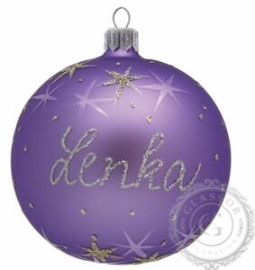 Sklenená vianočná guľa s menom fialová + Text na ozdobu