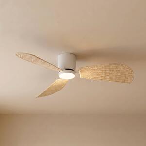Lucande Stropný ventilátor LED Faipari, biely/ratan, DC, 132 cm, Biela / opálová, Obývacia izba / jedáleň, Drevo, Moderný