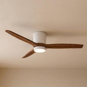 Lucande Stropný ventilátor LED Faipari, tmavé drevo, DC, 132 cm, Biela / opálová, Obývacia izba / jedáleň, Drevo, Moderný