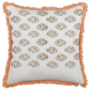 Dekoratívny vankúš biela oranžová bavlna 45 x 45 cm kvetovaný vzor so strapcami bloková potlač boho moderný štýl doplnky