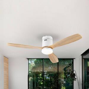LED stropný ventilátor Siroco, biely/svetlé drevo Ø 132 cm, tichý, Svetlé drevo, Obývacia izba / jedáleň, kov, Moderný