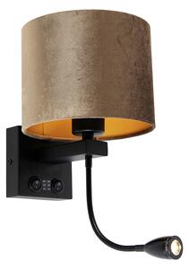 Nástenná lampa čierna s hnedým zamatovým tienidlom 18 cm - Brescia