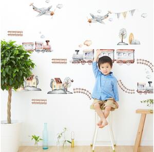 Nálepka pre deti - Veľké vláčiky a lietadlá so šedým nádychom 90 x 90 cm, DS-N071