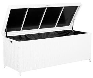 Vonkajší úložný box biely umelý ratan 158 x 63 cm záhradný box na vankúše moderný štýl terasa záhrada