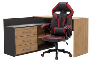 TP Living Rohový psací stůl Dany dub Artisan/antracit s herním křeslem Drift černo-červeným