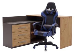 TP Living Rohový psací stůl Dany dub Artisan/antracit s herním křeslem Remus černo-modrým