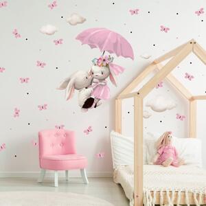 Nálepka na stenu - Zajkovia letiaci na ružovom dáždniku
