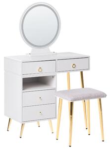 Toaletný stolík biela a zlatá MDF 6 zásuviek LED zrkadlo stolička nábytok do obývačky glamour dizajn