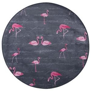 Koberec sivý ružový polyester 120 x 120 cm krátky vlas plameniaky tlačený guľatý