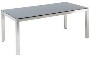 Záhradný jedálenský stôl čierna sklenená doska 180 x 90 cm pre 6 osôb strieborné nohy z nehrdzavejúcej ocele