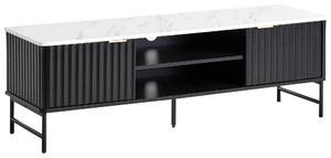 TV stolík čierny MDF 140 x 40 cm mramorový efekt úložné police otvor na káble moderný úložný nábytok obývacia izba