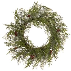 Vianočný veniec zelený syntetický materiál 70 cm umelý s borovicovými šiškami bytové vianočné dekorácie