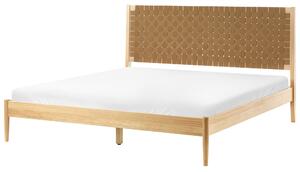 Posteľ svetlohnedá borovicové drevo 180 x 200 cm s čalúneným čelom a roštom moderný minimalistický štýl spálňa