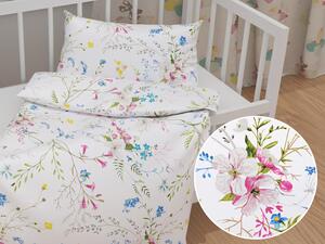 Biante Detské bavlnené posteľné obliečky do postieľky Sandra SA-453 Modro-ružové kvety na bielom Do postieľky 90x120 a 40x60 cm