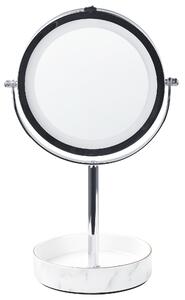 Kozmetické zrkadlo strieborná biela železný kovový rám ø 20 cm keramický stojan s LED svetlom 1x/5x zväčšovacie sklo obojstranné