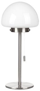 Stolná lampa strieborný kovový podstavec biele sklenené tienidlo vypínač na šnúrke minimalistický štýl kancelária