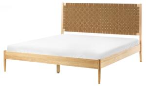Posteľ svetlohnedá borovicové drevo 160 x 200 cm s čalúneným čelom a roštom moderný minimalistický štýl spálňa