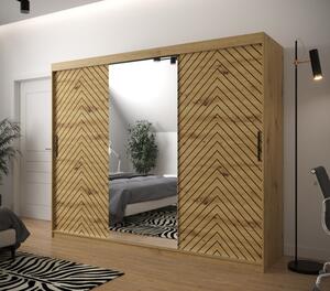 Skriňa s grafikou a zrkadlom JANETTE 3 - šírka 250 cm, dub artisan