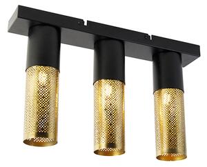 Industriálne stropné svietidlo čierne so zlatým podlhovastým 3-svetlom - Raspi