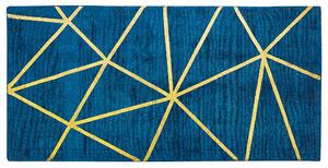 Koberec modrý so zlatým geometrickým vzorom viskóza s bavlnou 80 x 150 cm ručne tkaný moderný glamour štýl