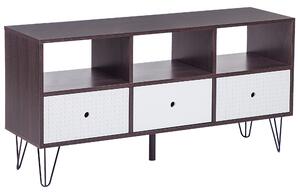 TV stolík tmavé drevo biela 120 x 35 cm na nožičkách úložný priestor 3 police 3 zásuvky moderný retro štýl obývačka spálňa
