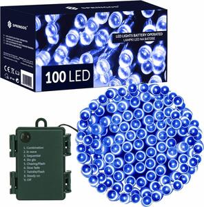 SPRINGOS LED svetelná reťaz - 10m, 100LED, 8 funkcií, 3xAA, IP44, modrá