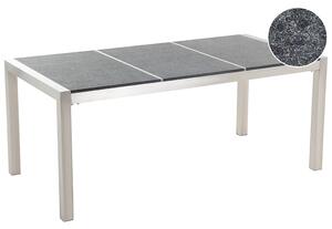 Záhradný jedálenský stôl čierna trojdielna žulová doska 180 x 90 cm pre 6 osôb strieborné nohy z nehrdzavejúcej ocele