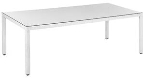 Záhradný jedálenský stôl biely umelý ratan 220 x 100 cm vrchná doska z tvrdeného skla 8 miestny obdĺžnikový