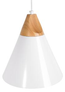 Závesná lampa biely kov a drevo s kužeľovitým tieňom v škandinávskom štýle pre obývaciu izbu jedáleň kuchynský ostrov
