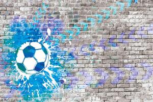 Samolepiaca tapeta modrá futbalová lopta na tehlovej stene