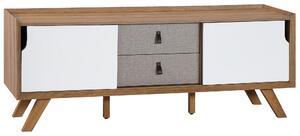 TV nábytok biela svetlá farba dreva MDF doska borovica imitácia kože 56 x 147 x 42 cm moderný elegantný multifunkčný 2 zásuvky obývačka