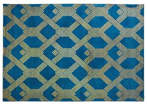Koberec modrý so zlatým geometrickým vzorom viskóza s bavlnou 160 x 230 cm štýl moderný glamour