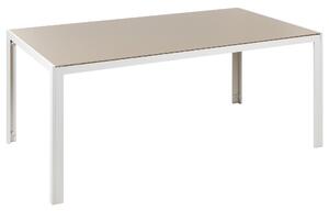 Záhradný jedálenský stôl béžová vrchná doska z tvrdeného skla biely hliníkový rám 160 x 90 cm moderný dizajn exteriér