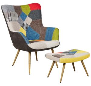 Krídlové kreslo s podnožkou viacfarebné látkové čalúnenie s gombíkmi retro štýl patchwork