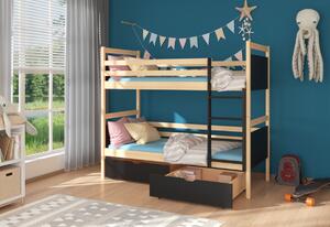 Detská poschodová posteľ FUNDO + 2x matrac, 80x180, borovica/čierna