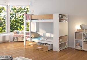 Detská poschodová posteľ GARET + 2x matrac, 90x200, biela/dub artisan