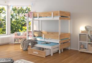 Detská poschodová posteľ ETAPO + 3x matrac, 90x180, biela/dub zlatý