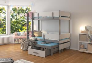 Detská poschodová posteľ ETAPO + 3x matrac, 90x180, biela/sivá