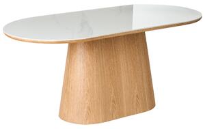 Jedálenský stôl biela vrchná doska svetlý jaseň MDF oválny tvar moderný minimalistický štýl kuchyňa jedáleň