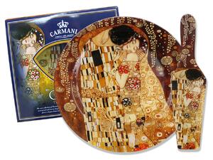 Sklenená tácka okrúhla 27 cm s lopatkou Gustav Klimt The Kiss, CARMANI (Sklenená tácka okrúhla 27 cm s lopatkou Gustav Klimt )
