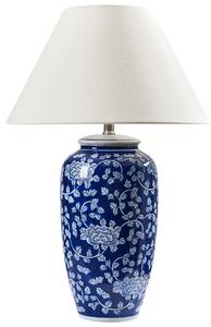 Stolná lampa biela a modrá porcelánový podstavec ľanové tienidlo kvetovaný dizajn svietidlo obývacia izba spálňa