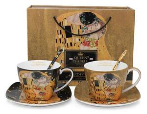 Šálka s podšálkou- set 2 ks 250 ml mix farieb ,Gustav Klimt The Kiss, Queen Isabell (Porcelánový set2 ks šálok s podšálkou a 2 l&žičkami Gustav Klimt)